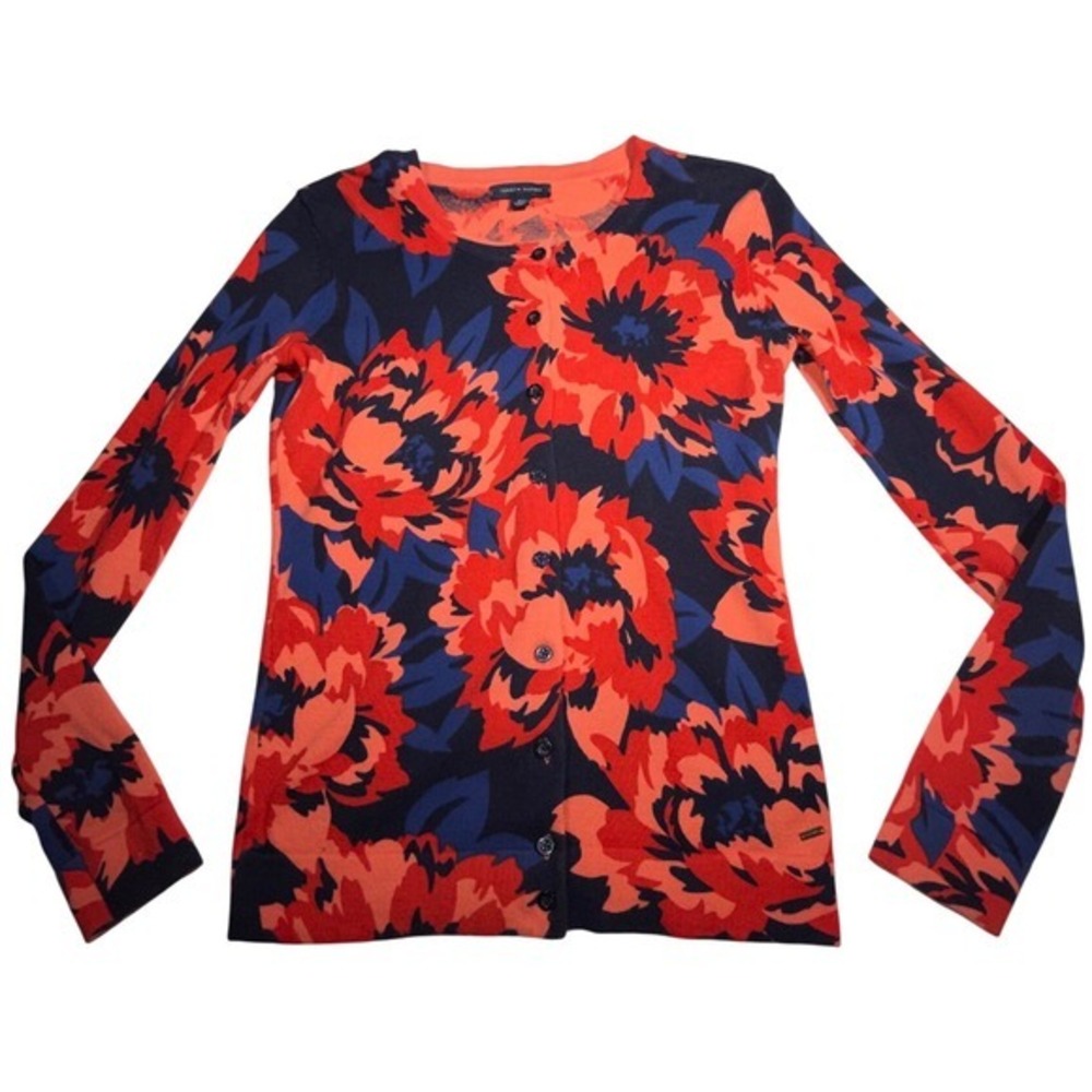 Tommy Hilfiger Womens Floral Cardigan Navy Red Cotton Button Front‎ XXS